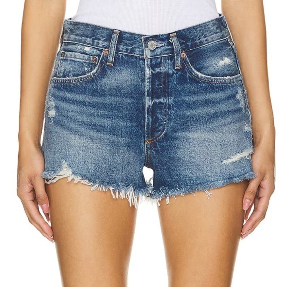 Agolde Distressed High-Rise Parker Denim Shorts in Swapmeet